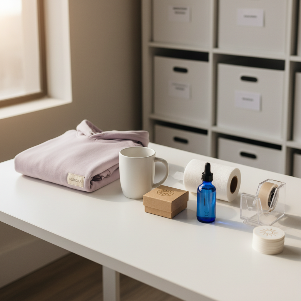 An organized packaging and product prep corner designed for small business sellers, showcasing a neat row of assorted items ready for photography: a folded pastel hoodie with a visible woven label, a minimalist white ceramic mug, a small kraft jewelry box with a foil-stamped logo, and a cobalt blue glass dropper bottle. They rest on a smooth white tabletop, with a roll of tissue paper, a tape dispenser, and a stack of branded stickers lined up beside them. In the softly blurred background, white shelves hold labeled storage bins. Neutral daylight from a nearby window creates soft, natural shadows and realistic highlights on glossy surfaces. Shot from a slightly elevated three-quarter angle with photographic realism, the composition feels calm, efficient, and trustworthy, emphasizing meticulous preparation for professional product listings.
