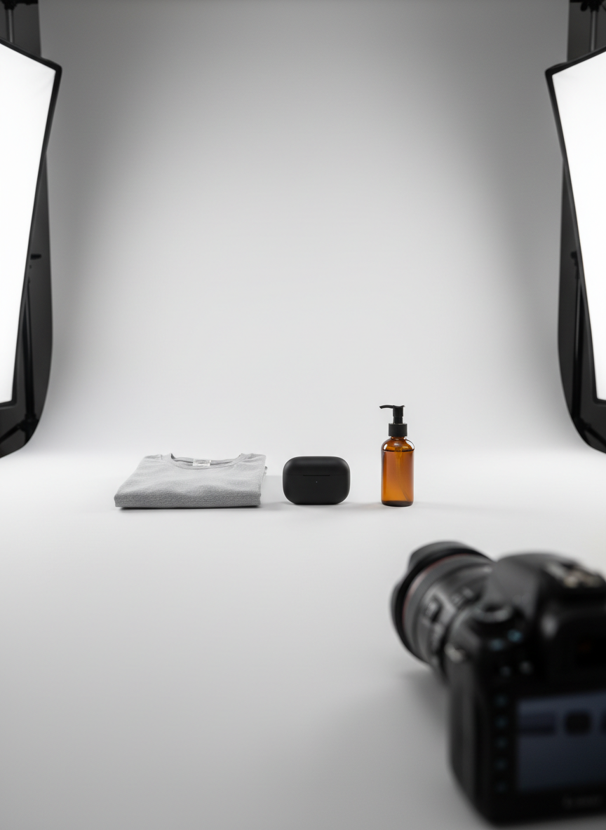 A pristine white product photography studio table with a neatly arranged collection of small e-commerce items: a matte black wireless earbud case, a folded heather-gray T-shirt with a subtle tag, and a glossy amber glass skincare bottle with a pump. Each object is evenly spaced on a seamless light gray backdrop that curves upward behind them. Soft, diffused studio lighting from both sides eliminates harsh shadows, creating gentle gradients on the surfaces. A professional DSLR camera with a large lens rests slightly out of focus near the edge, hinting at the process. Captured at eye level with a shallow depth of field and photographic realism, the mood is clean, organized, and professional, ideal for a hero image representing expert product photography services.