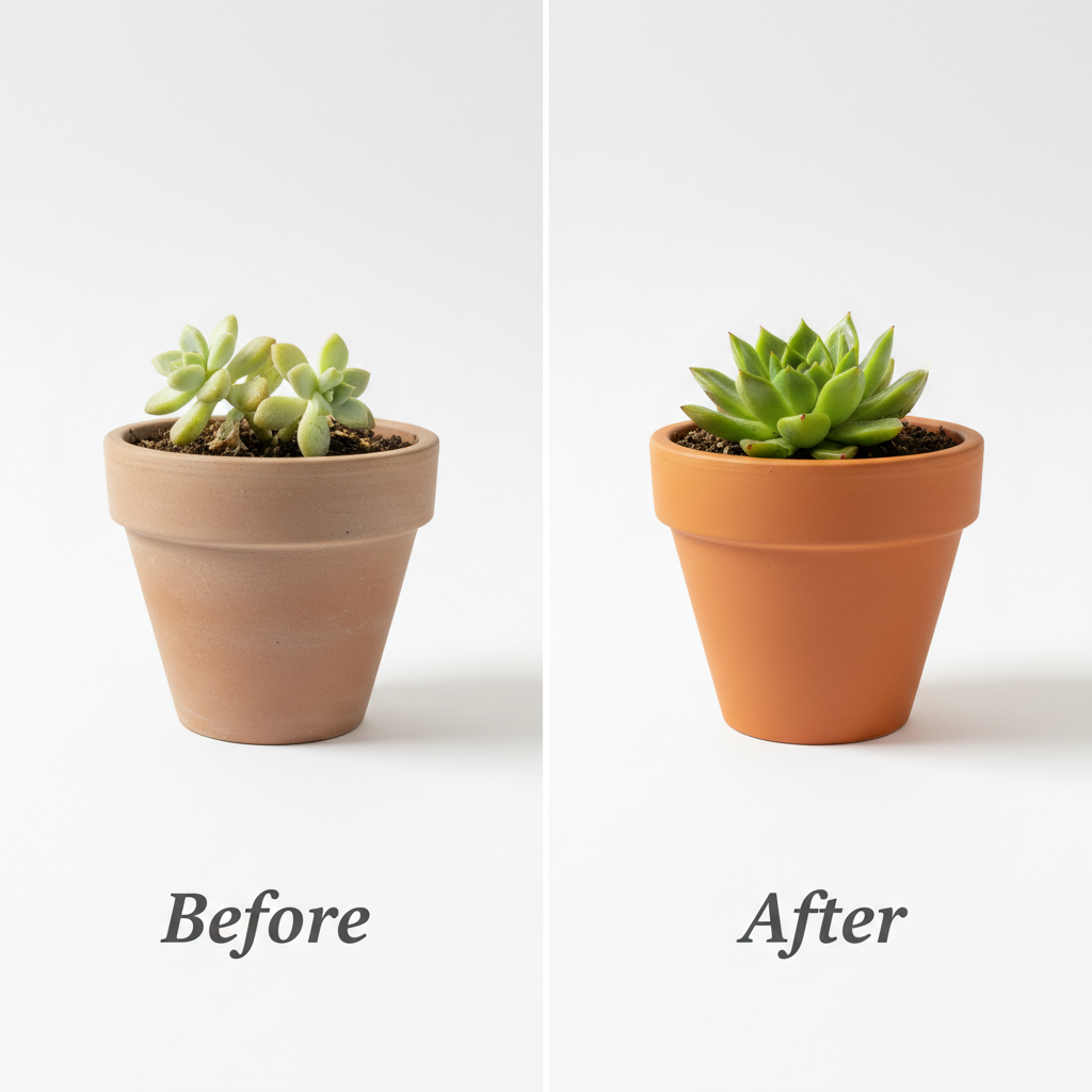 A bright, inviting before-and-after comparison layout for e-commerce product photography, featuring two identical ceramic plant pots with small succulents, placed side by side on a seamless white background. On the left, the pot is shown in flat, unedited lighting with muted colors and visible dust specks; on the right, the pot appears perfectly cleaned, colors vibrant, and lighting balanced with soft, diffused highlights. Beneath each, stylized but realistic labels read “Before” and “After” as part of the composition. Overhead softbox lighting creates consistent illumination across the scene, while the camera captures a straight-on, eye-level shot with sharp focus throughout. The mood is educational and reassuring, demonstrating the transformation achievable through professional photography and listing optimization in a clean, modern, photographic style.