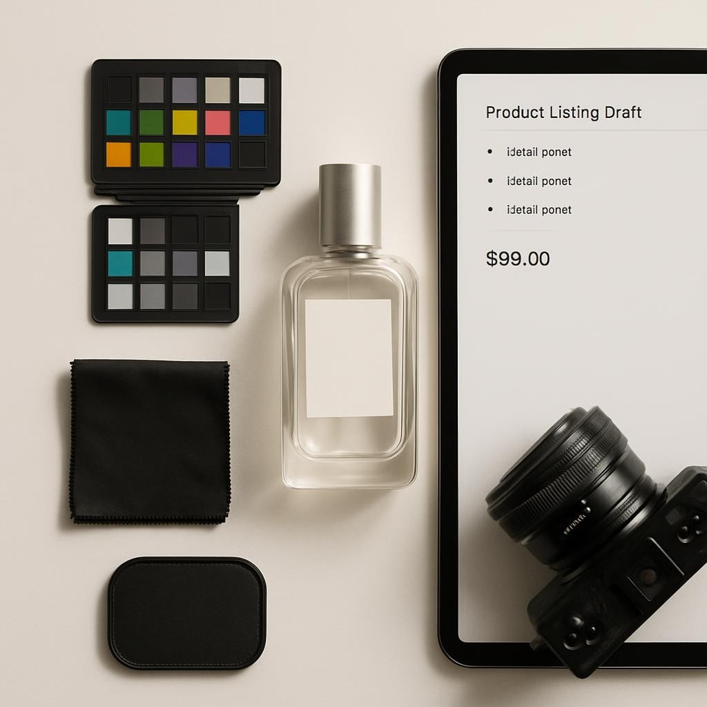 An overhead flat-lay of a carefully styled product photography setup featuring a single item: a transparent glass perfume bottle with a minimal white label and brushed metal cap, placed on a smooth white backdrop. Around it, neatly arranged tools of the trade include a color calibration card, a lens cloth, and a compact mirrorless camera with a prime lens. A tablet beside the bottle displays a product listing draft with title, bullet points, and price. Soft, diffused daylight from the top left creates delicate highlights on the glass and subtle shadows radiating outward. The composition is symmetrical and minimalist, with a shallow depth of field that gently blurs the edges. The mood is precise and meticulous, emphasizing high-end, detail-focused product photography and listing services.